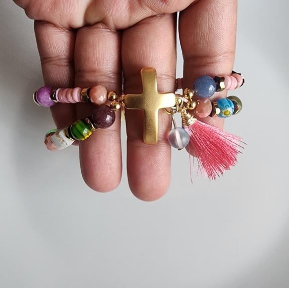 Vibrant Gold Cross Bracelet with Multicolor Beads - Picture 7 of 7